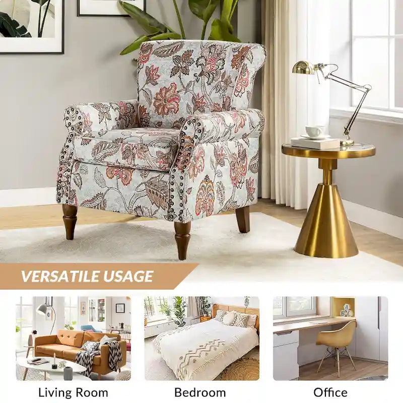 Fauteuil d'appoint traditionnel en polyester Nyctelius avec accoudoirs arrondis et clous décoratifs par HULALA HOME