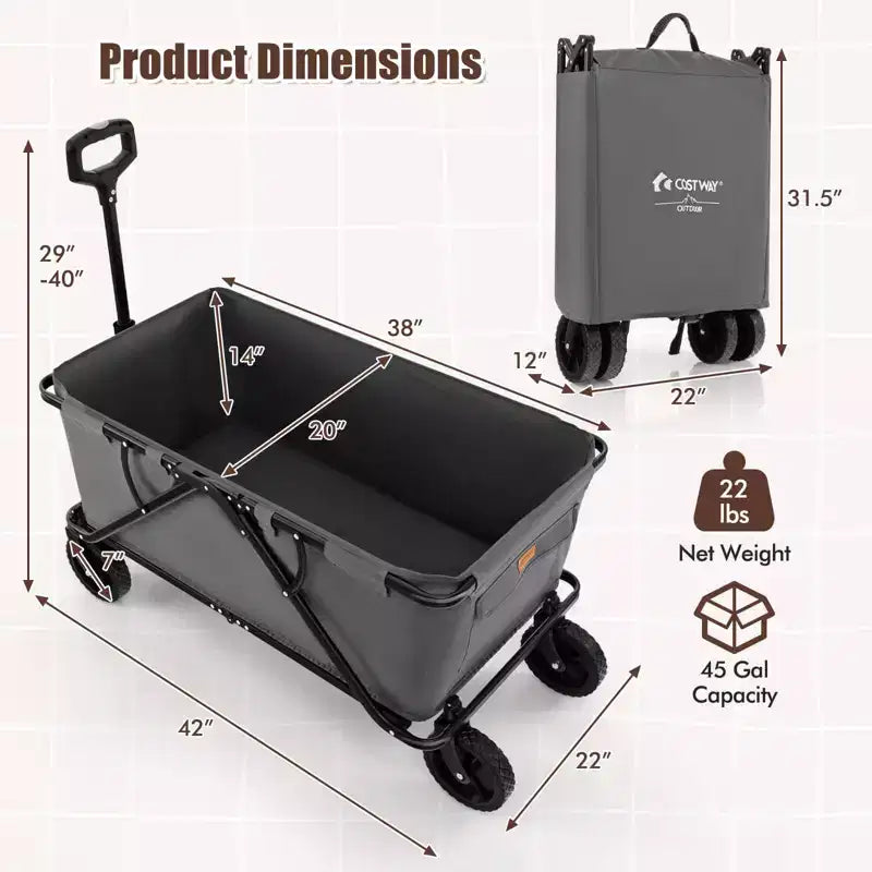 Costway Chariot wagon robuste avec guidon reglable, porte-bouteilles et poche de rangement, cafe/gris