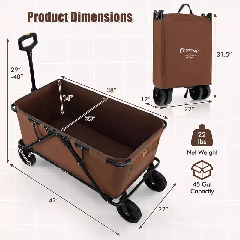 Costway Chariot wagon robuste avec guidon reglable, porte-bouteilles et poche de rangement, cafe/gris