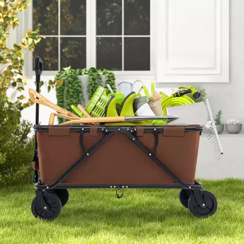 Costway Chariot wagon robuste avec guidon reglable, porte-bouteilles et poche de rangement, cafe/gris