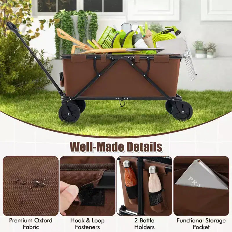 Costway Chariot wagon robuste avec guidon reglable, porte-bouteilles et poche de rangement, cafe/gris