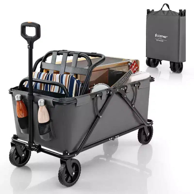 Costway Chariot wagon robuste avec guidon reglable, porte-bouteilles et poche de rangement, cafe/gris