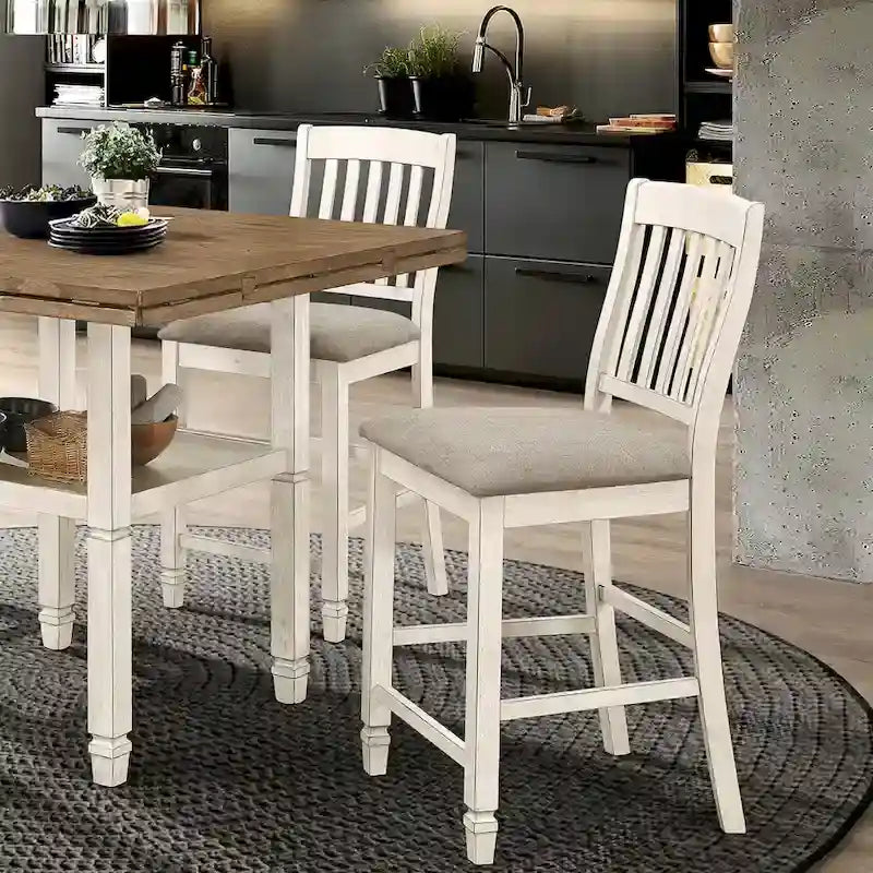 Tabourets de salle à manger hauteur comptoir style ferme en bois massif à dossier à lattes avec assise rembourrée (lot de 2)