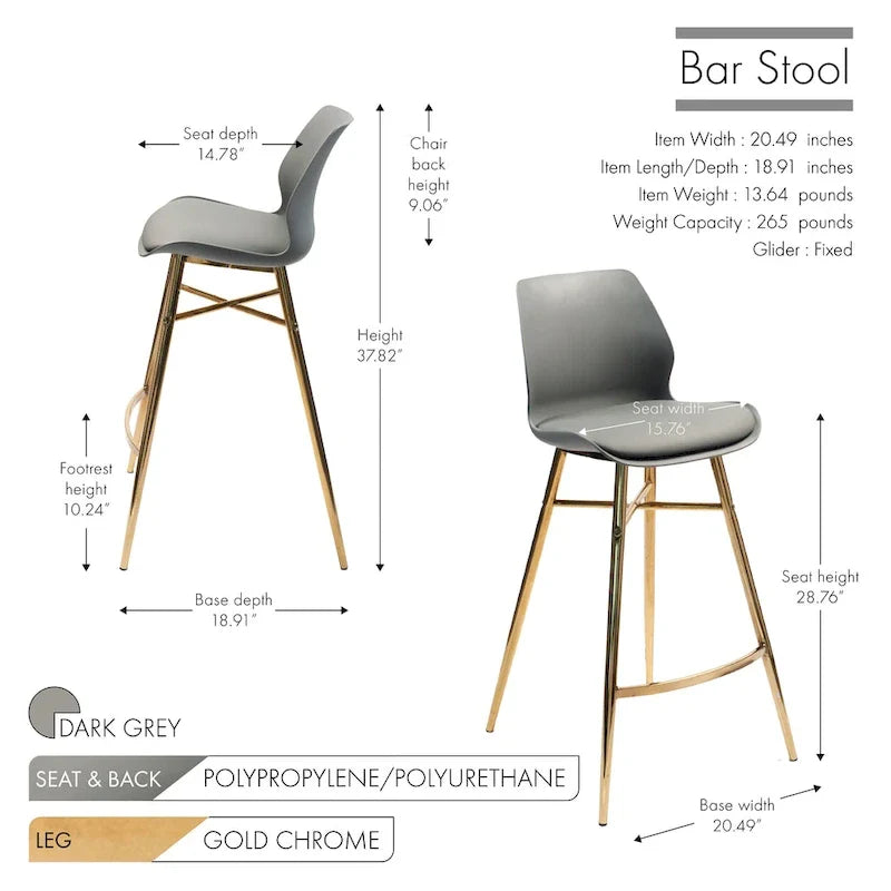 Tabourets de bar Porthos Home Calix lot de 2, cuir PU, pieds chromés dorés