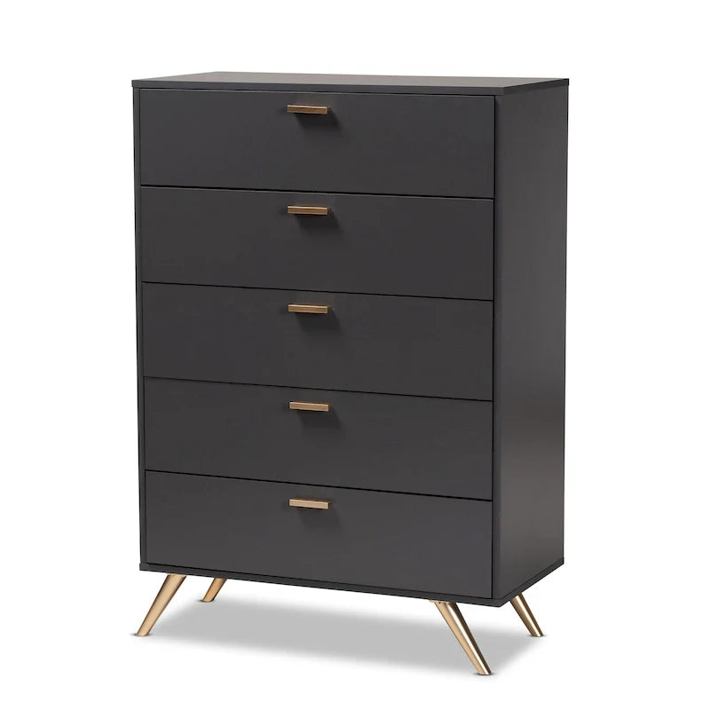 Commode à 5 tiroirs Kelson en bois gris foncé et doré