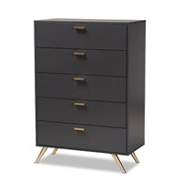 Commode à 5 tiroirs Kelson en bois gris foncé et doré