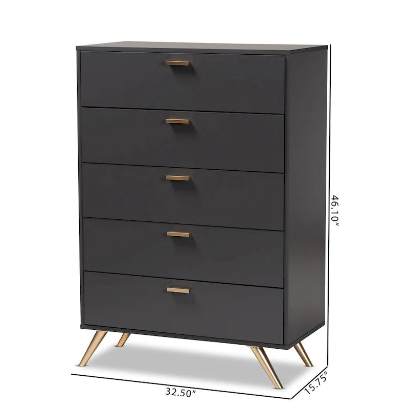Commode à 5 tiroirs Kelson en bois gris foncé et doré