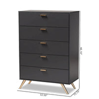 Commode à 5 tiroirs Kelson en bois gris foncé et doré