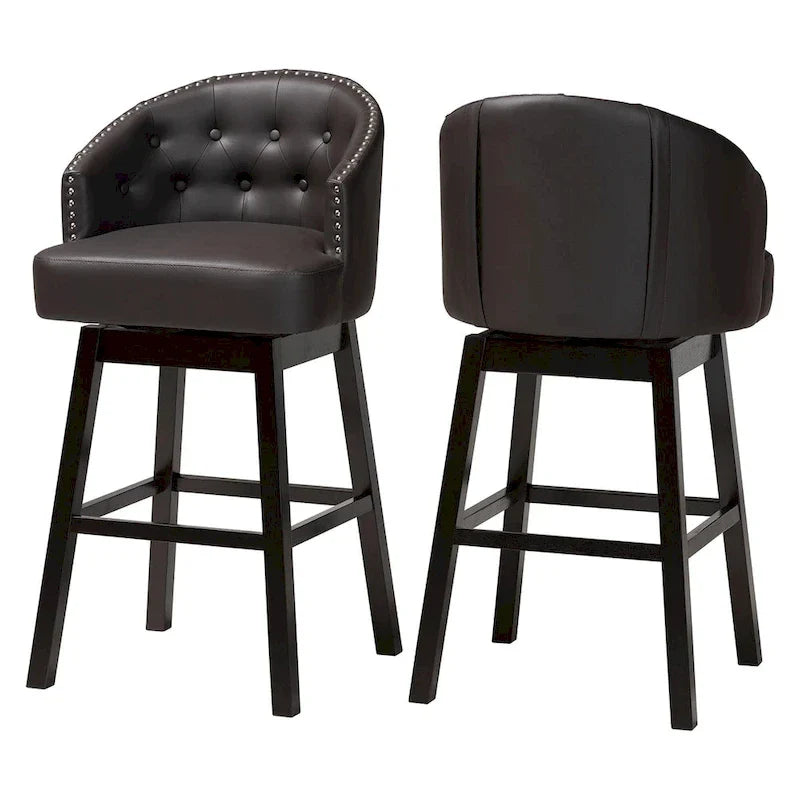 Tabouret de bar pivotant capitonné en simili-cuir brun moderne et contemporain Avril à clous décoratifs (lot de 2)