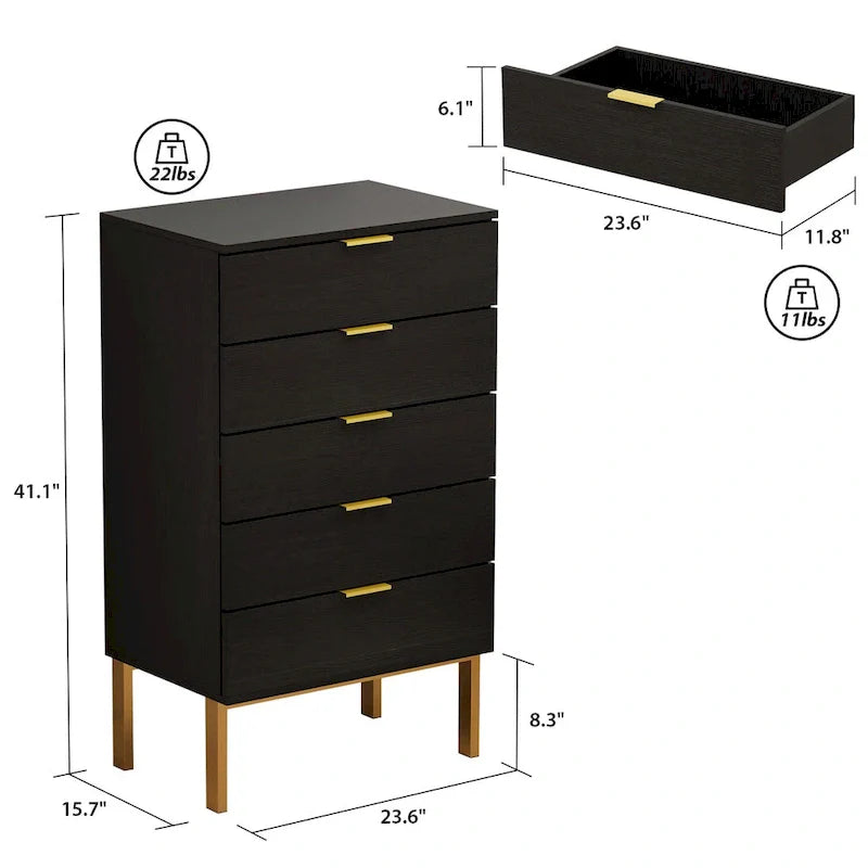 Commode à 5 tiroirs avec pieds en métal et rangement en bois