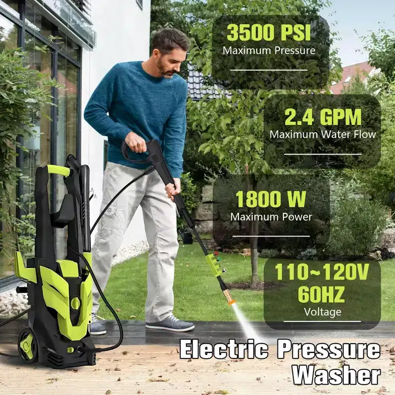 Nettoyeur haute pression électrique 3500 PSI 2.0 GPM avec canon à mousse et 4 buses à connexion rapide, Vert