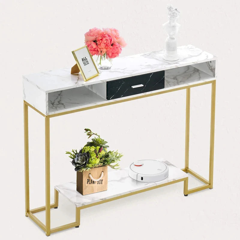 Table console MCombo avec tiroirs, marbre et pieds dorés