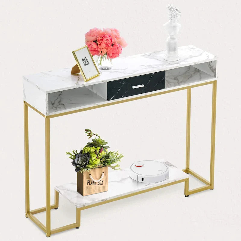 Table console MCombo avec tiroirs, marbre et pieds dorés
