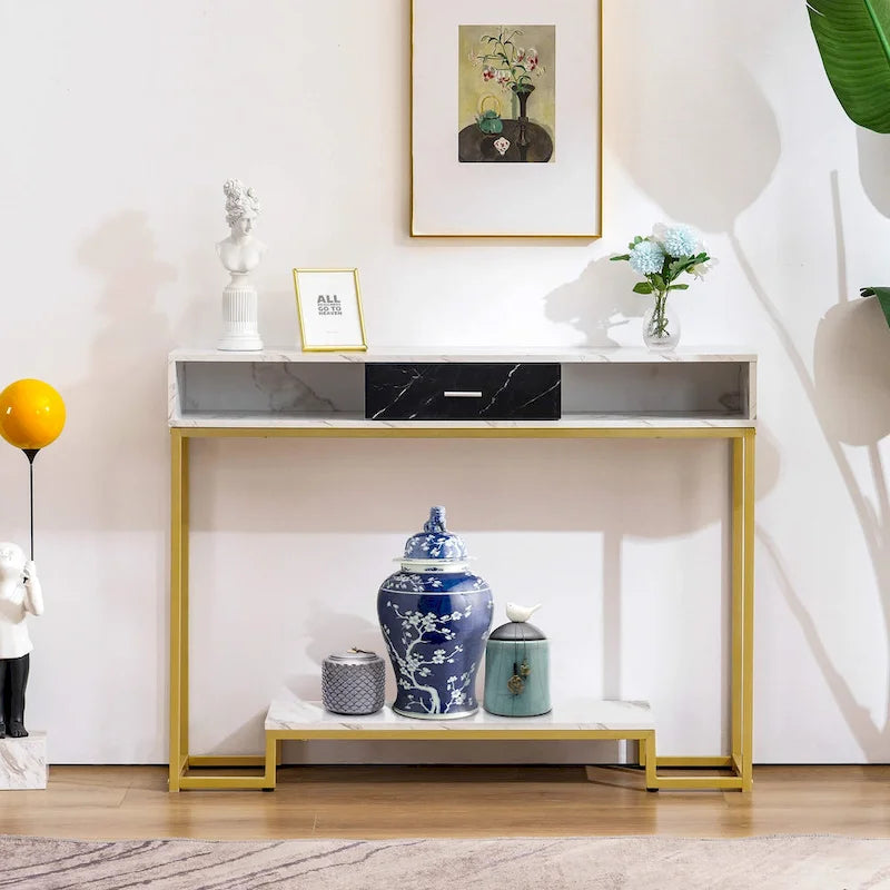 Table console MCombo avec tiroirs, marbre et pieds dorés