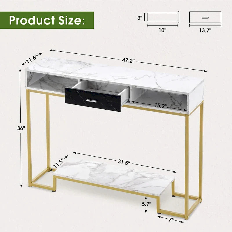 Table console MCombo avec tiroirs, marbre et pieds dorés