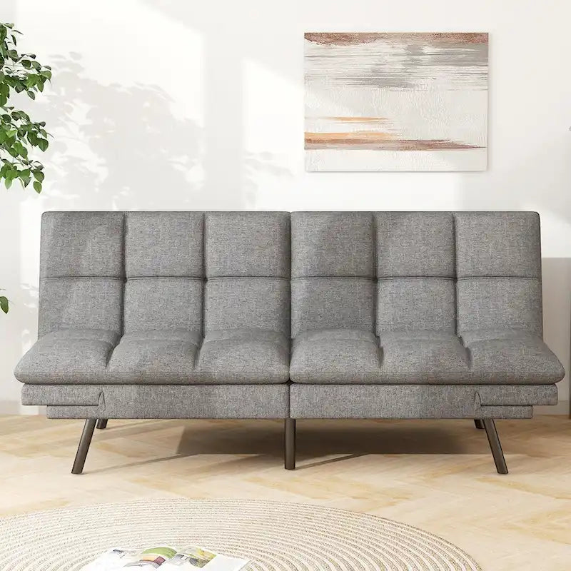 Canapé-lit futon en mousse à mémoire de forme en similicuir convertible avec accoudoirs à dossier inclinable divisé pour petit espace de vie, gris
