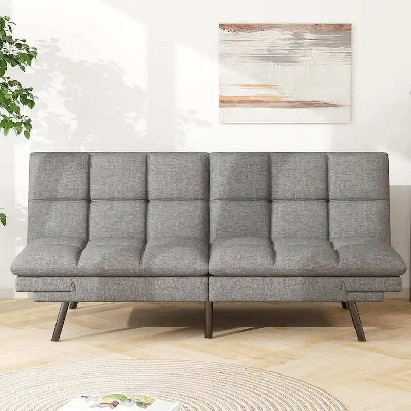 Canapé-lit futon en mousse à mémoire de forme en similicuir convertible avec accoudoirs à dossier inclinable divisé pour petit espace de vie, gris