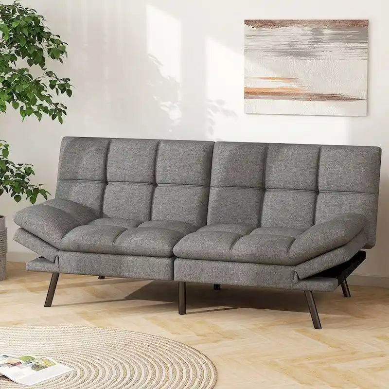 Canapé-lit futon en mousse à mémoire de forme en similicuir convertible avec accoudoirs à dossier inclinable divisé pour petit espace de vie, gris