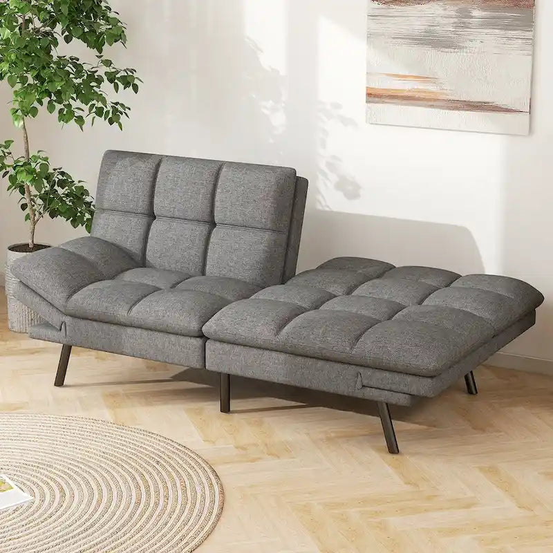 Canapé-lit futon en mousse à mémoire de forme en similicuir convertible avec accoudoirs à dossier inclinable divisé pour petit espace de vie, gris
