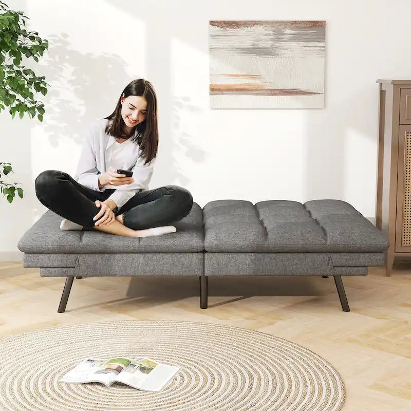 Canapé-lit futon en mousse à mémoire de forme en similicuir convertible avec accoudoirs à dossier inclinable divisé pour petit espace de vie, gris