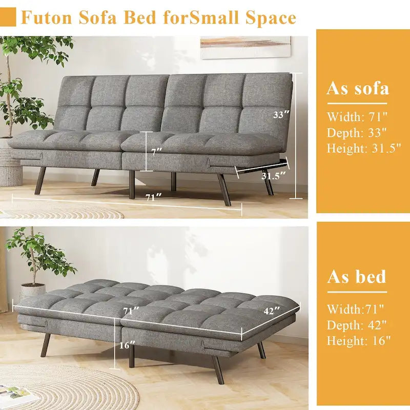 Canapé-lit futon en mousse à mémoire de forme en similicuir convertible avec accoudoirs à dossier inclinable divisé pour petit espace de vie, gris