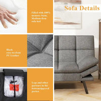 Canapé-lit futon en mousse à mémoire de forme en similicuir convertible avec accoudoirs à dossier inclinable divisé pour petit espace de vie, gris