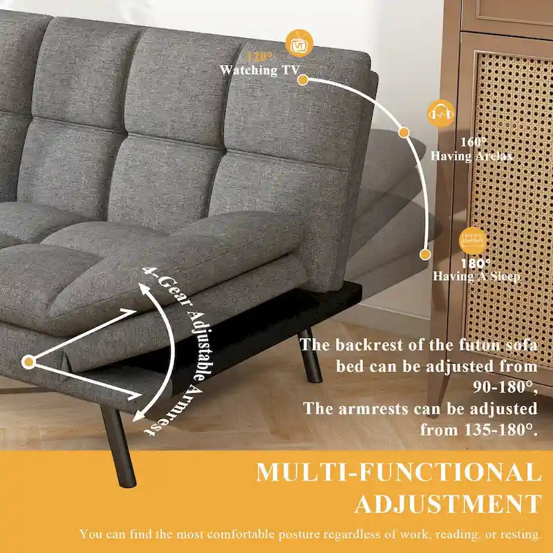 Canapé-lit futon en mousse à mémoire de forme en similicuir convertible avec accoudoirs à dossier inclinable divisé pour petit espace de vie, gris