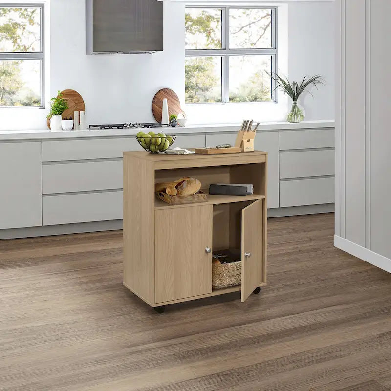 Chariot de cuisine micro-ondes avec armoire à 2 portes (Hêtre)