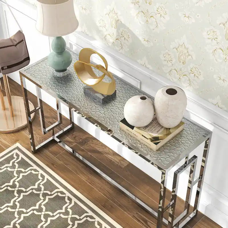 Table de canapé en verre ondulé 48 pouces Glitterati Glam Chrome de Furniture of America