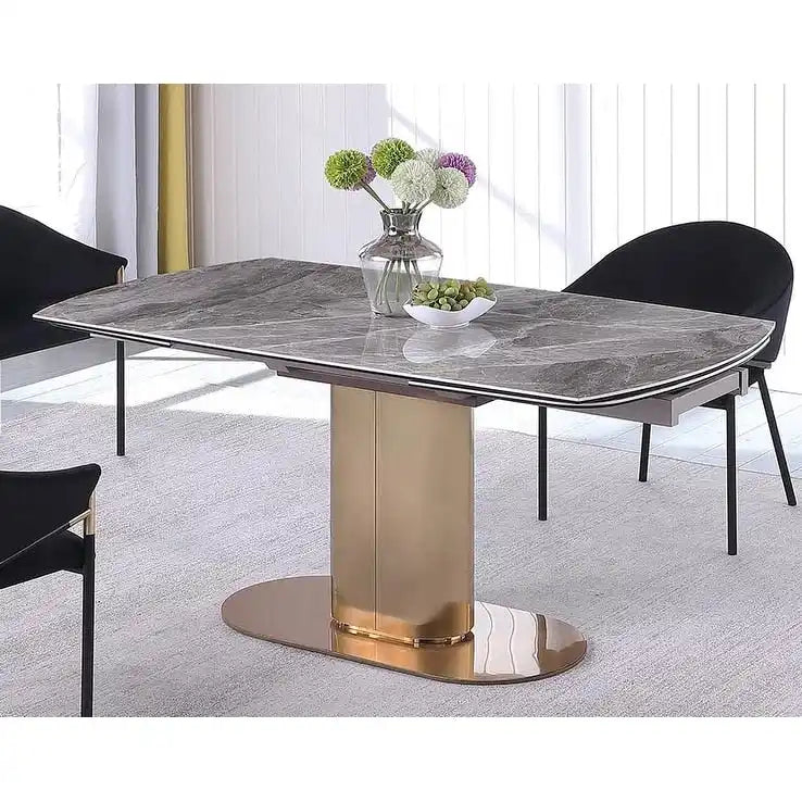 Table à manger extensible Somette à plateau en céramique marbrée avec base en acier