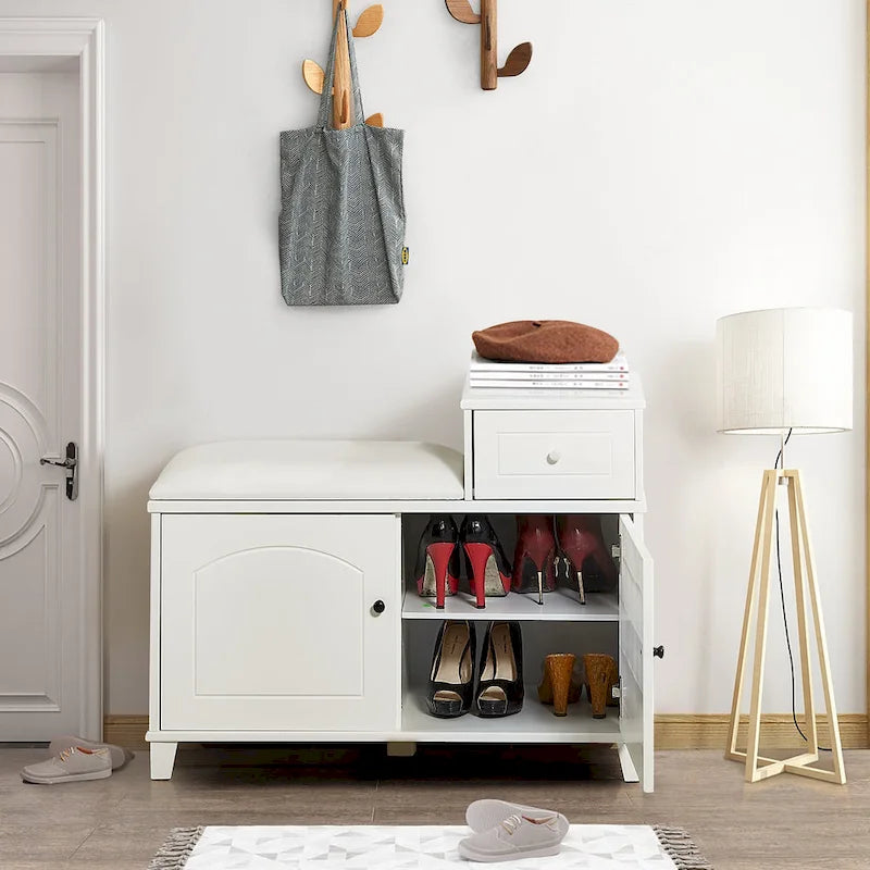 Banc de rangement à chaussures en bois avec tiroir, blanc