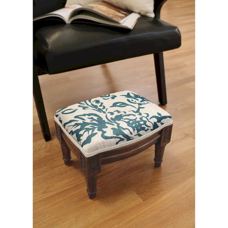 Repose-pieds Toile de Jouy effet peint bleu