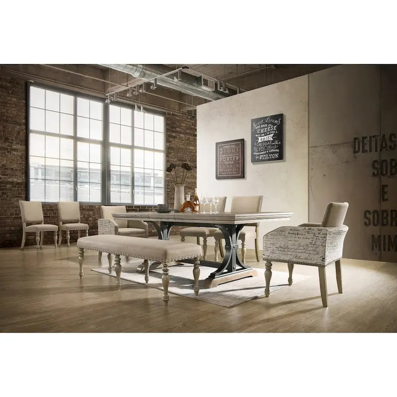 Ensemble de salle à manger 8 pièces Roundhill Furniture Birmingham avec table, banc à têtes de clou et fauteuils, couleur Driftwood