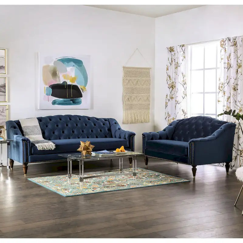 Ensemble Canapé 2 Pièces Adeben Transitionnel en Tissu Bleu Capitonné avec Clous Décoratifs par Furniture of America