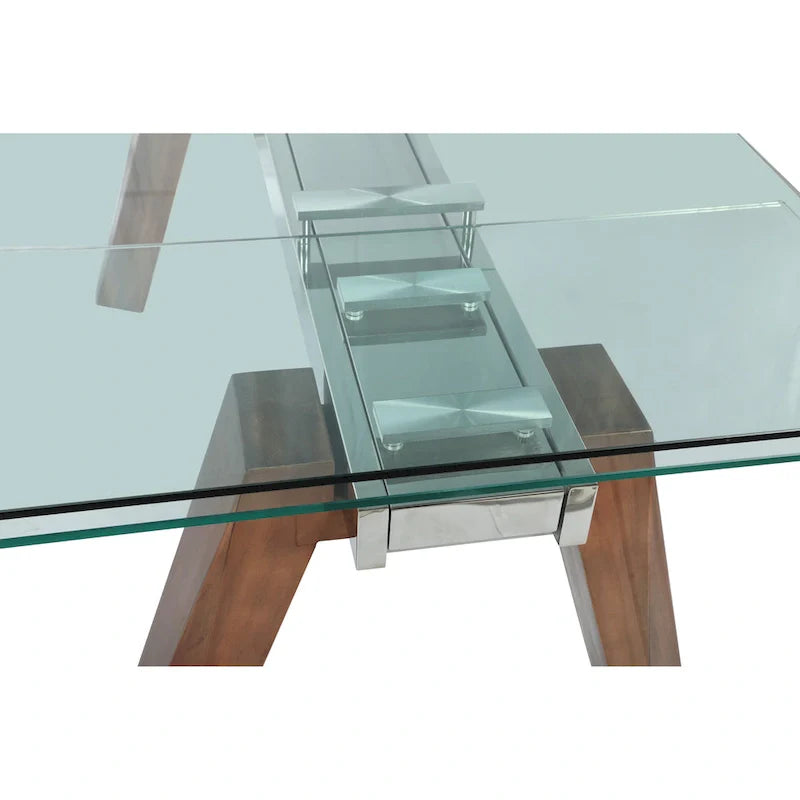 Table à manger moderne Somette avec plateau en verre extensible et pieds en bois massif