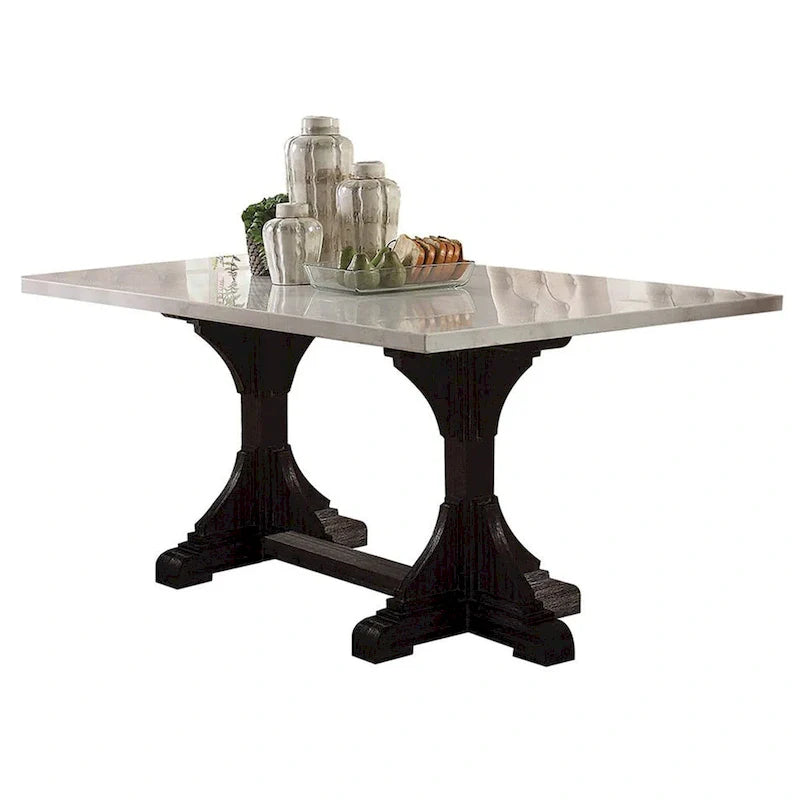 Table à manger rectangulaire en marbre blanc et espresso vieilli