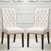 Chaises de salle à manger beiges capitonnées à boutons à dossier roulé avec garniture à têtes de clou (lot de 2)