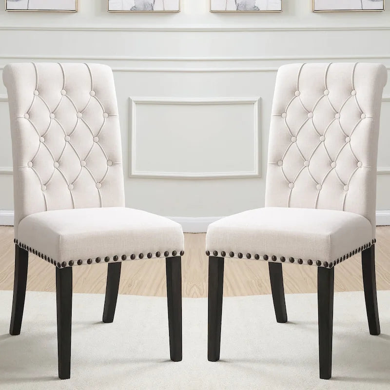 Chaises de salle à manger beiges capitonnées à boutons à dossier roulé avec garniture à têtes de clou (lot de 2)
