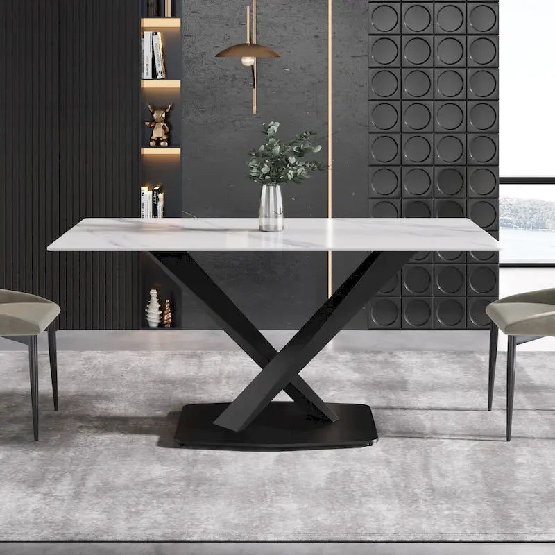 Table à manger moderne 63 pouces, plateau en pierre frittée blanche avec base en acier violet Moran - N/A