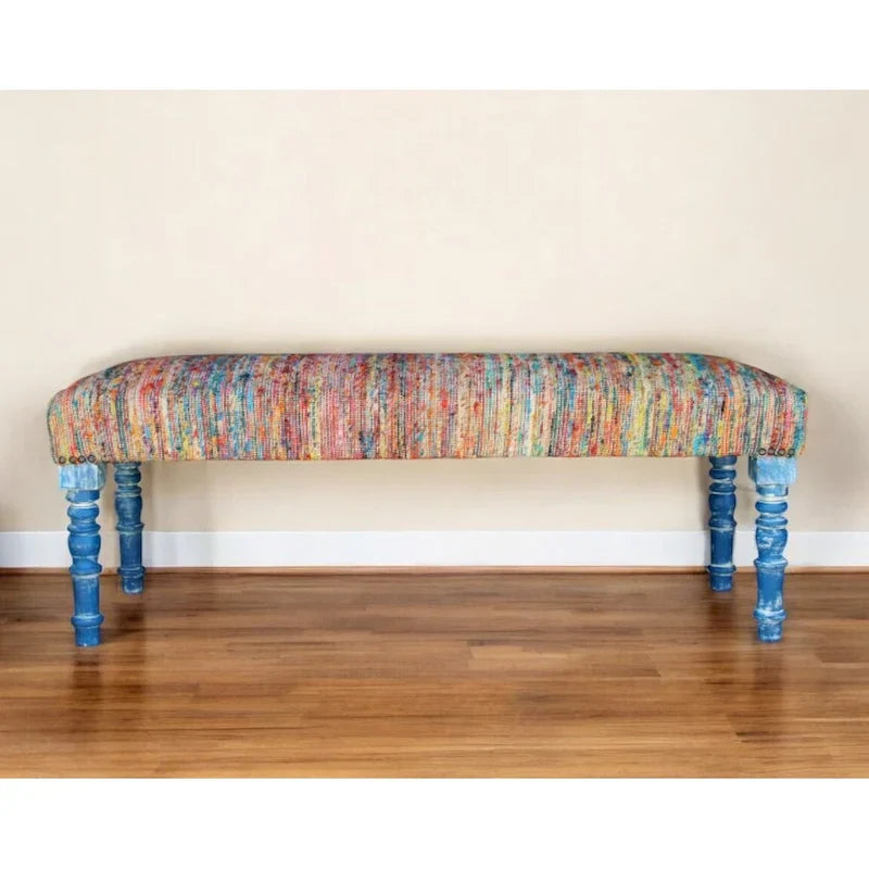 HomeRoots Banc rembourré à rayures arc-en-ciel bleues avec pieds – 47 x 18 x 16