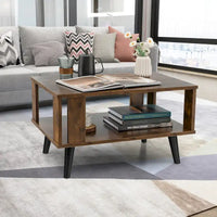 Table basse rectangulaire en bois à 2 niveaux avec étagère de rangement ouverte