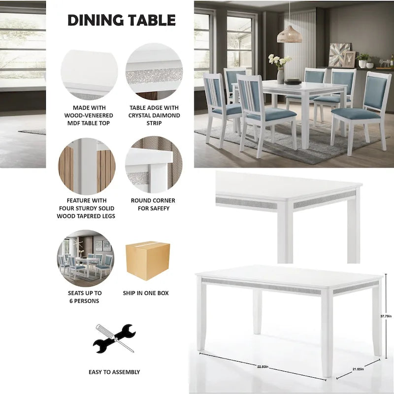Ensemble de salle à manger luxueux 7 pièces à bandes diamant en cristal CraftPorch