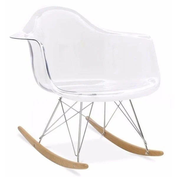 Fauteuil à bascule en plastique transparent avec accoudoirs, style coque moulée