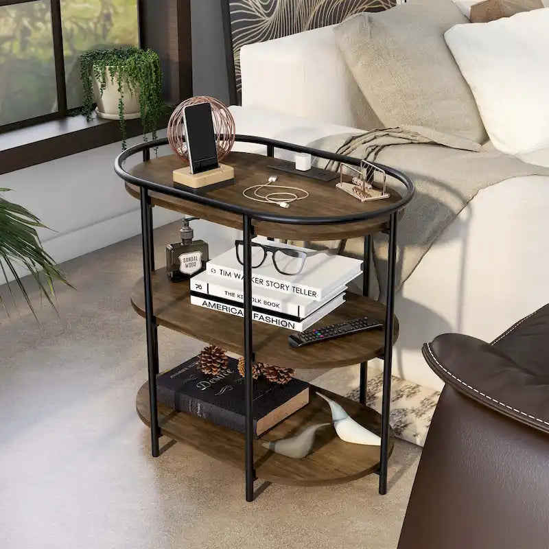 Table d'appoint à 3 niveaux en acier brun industriel 26 pouces Moore avec ports USB et prises par Furniture of America