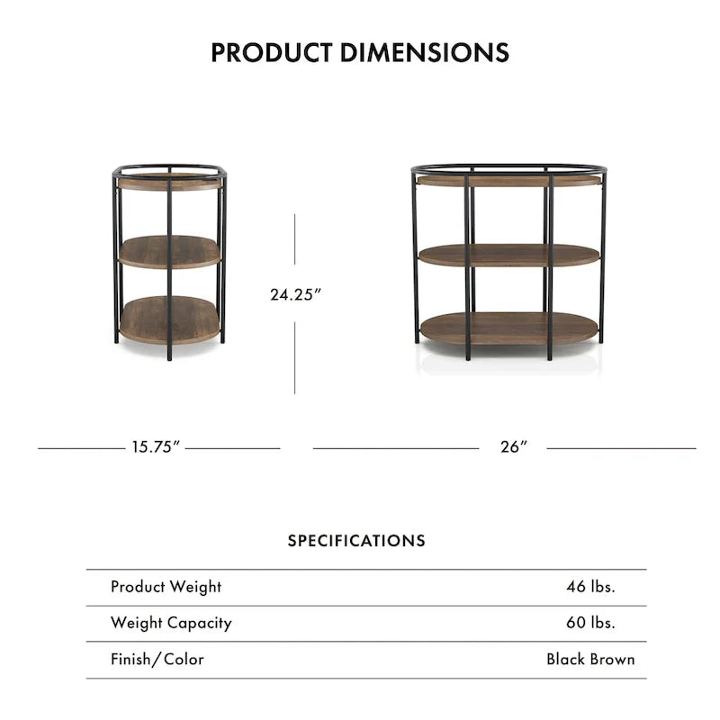 Table d'appoint à 3 niveaux en acier brun industriel 26 pouces Moore avec ports USB et prises par Furniture of America