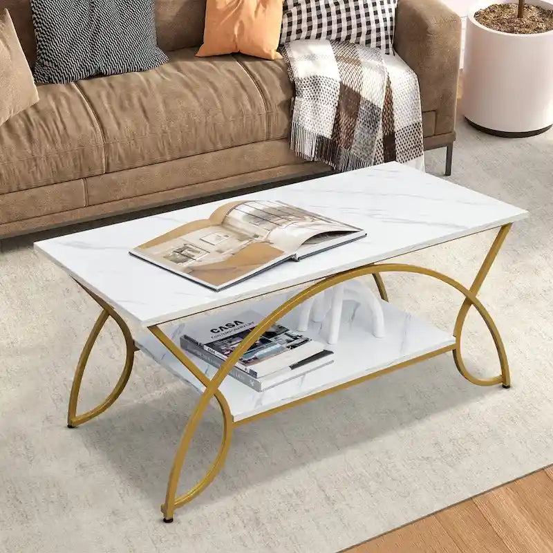 Table basse à 2 étages, style moderne, effet marbre, table d'appoint, table basse de salon