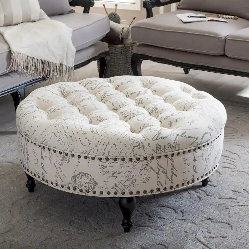 Pouffe moderne capitonné en lin à motif Palfrey