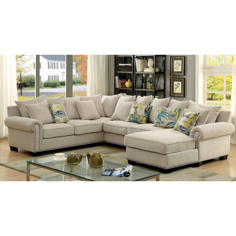 Canapé Sectionnel Riti Transitionnel Rembourré en Tissu Beige avec Clous Décoratifs par Furniture of America