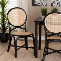 Chaise de salle à manger Ayana moderne du milieu du siècle bicolore noir et rotin marron naturel