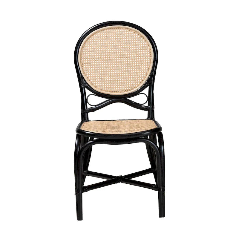 Chaise de salle à manger Ayana moderne du milieu du siècle bicolore noir et rotin marron naturel